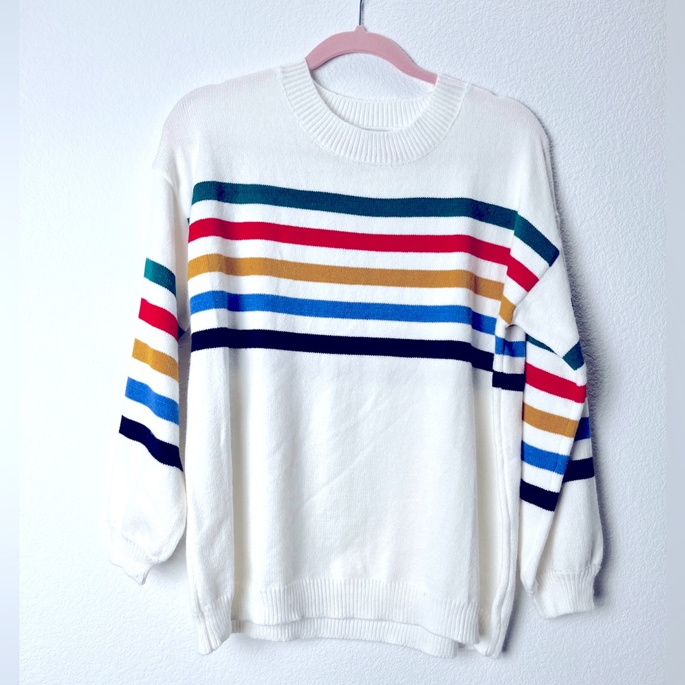 Nwot Solution White W/ Multi Colored Stripes Long… - image 1